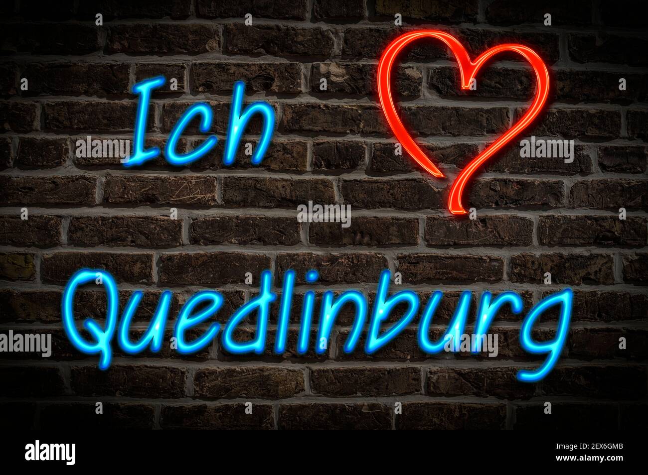 Leuchtreklame, Ich liebe Quedlinburg, Sachsen-Anhalt, Deutschland, Europa | Pubblicità illuminata, amo Quedlinburg, Sassonia-Anhalt, Germania, Europass Foto Stock