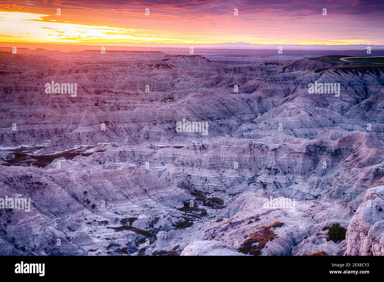 Parco nazionale Badlands paesaggio al tramonto in Sud Dakota Foto Stock