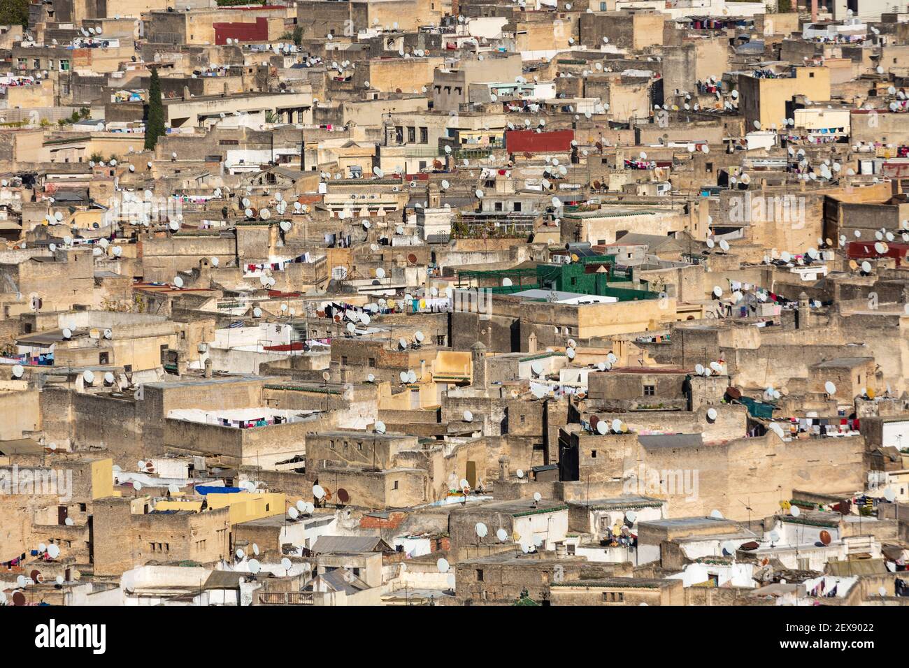 Vista dal paesaggio urbano dei tetti e dei piatti satellitari nella medina Fes, vista dalla terrazza del Palais Faraj, Fes, Marocco Foto Stock