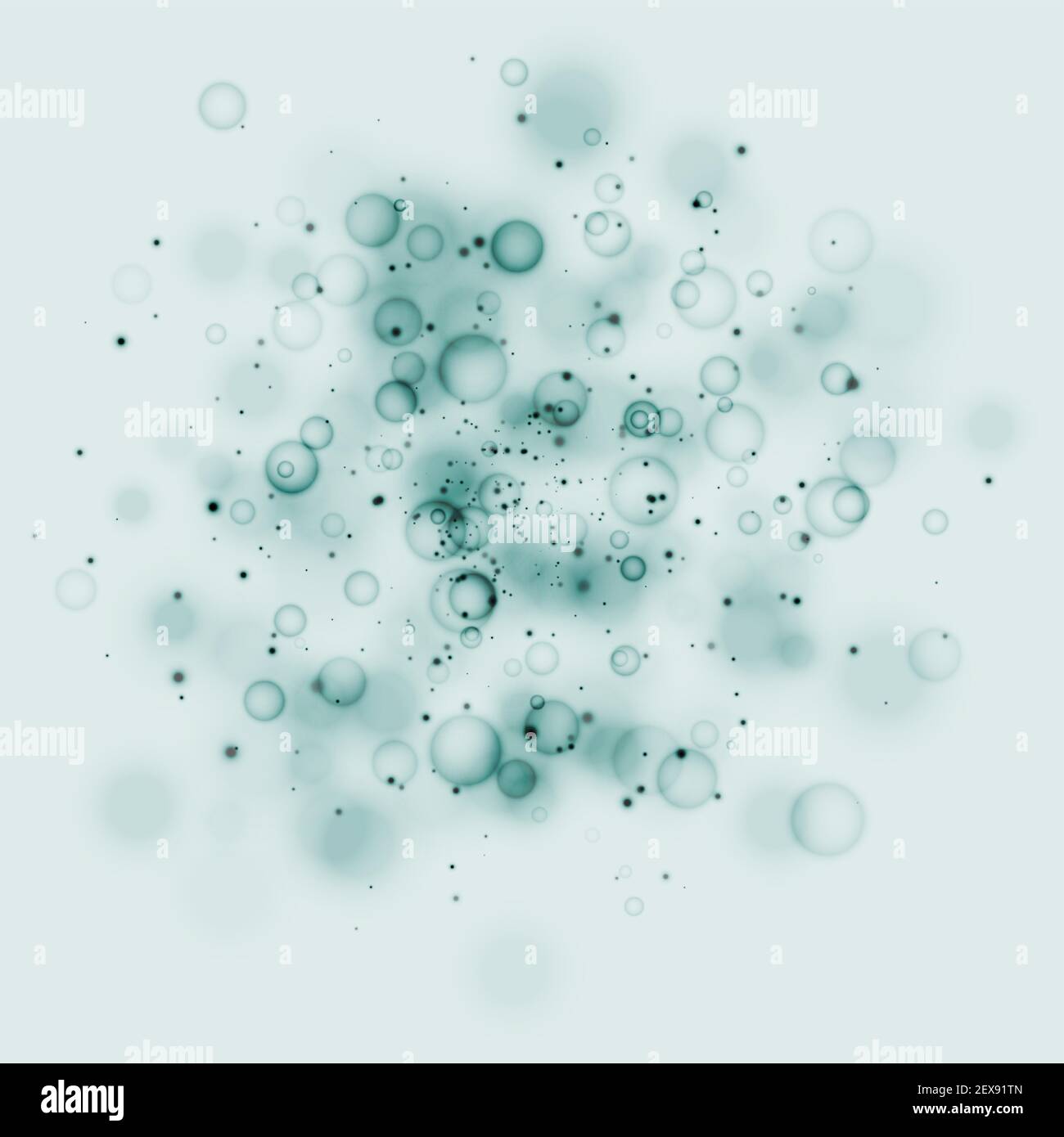 Sfondo blu verde delle particelle di cellule scientifiche. Vita e biologia, medicina scientifica, ricerca molecolare. Vista al microscopio virus o agente causale Illustrazione Vettoriale