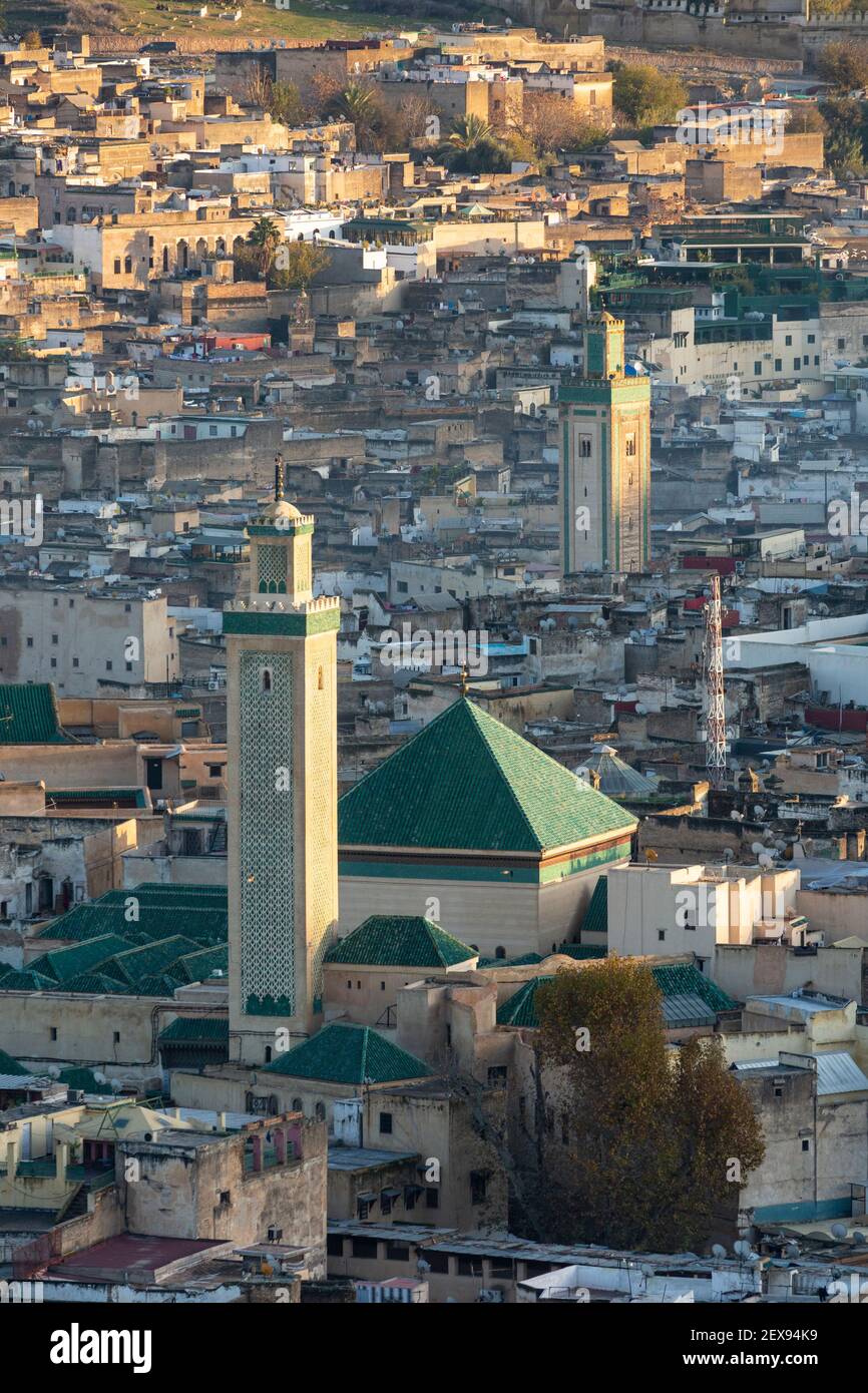 Vista panoramica della medina di Fes che mostra la moschea di al Karaouine, vista dalle Tombe Marinide, Fes, Marocco Foto Stock