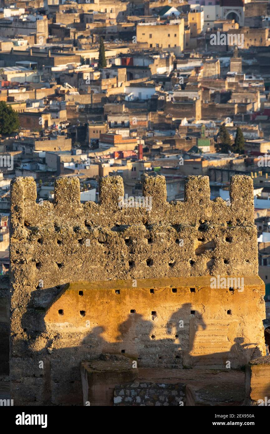 Vista sulla città della Medina Fes con le mura fortificate e le ombre della gente in primo piano, Tombe Marinide, Fes, Marocco Foto Stock