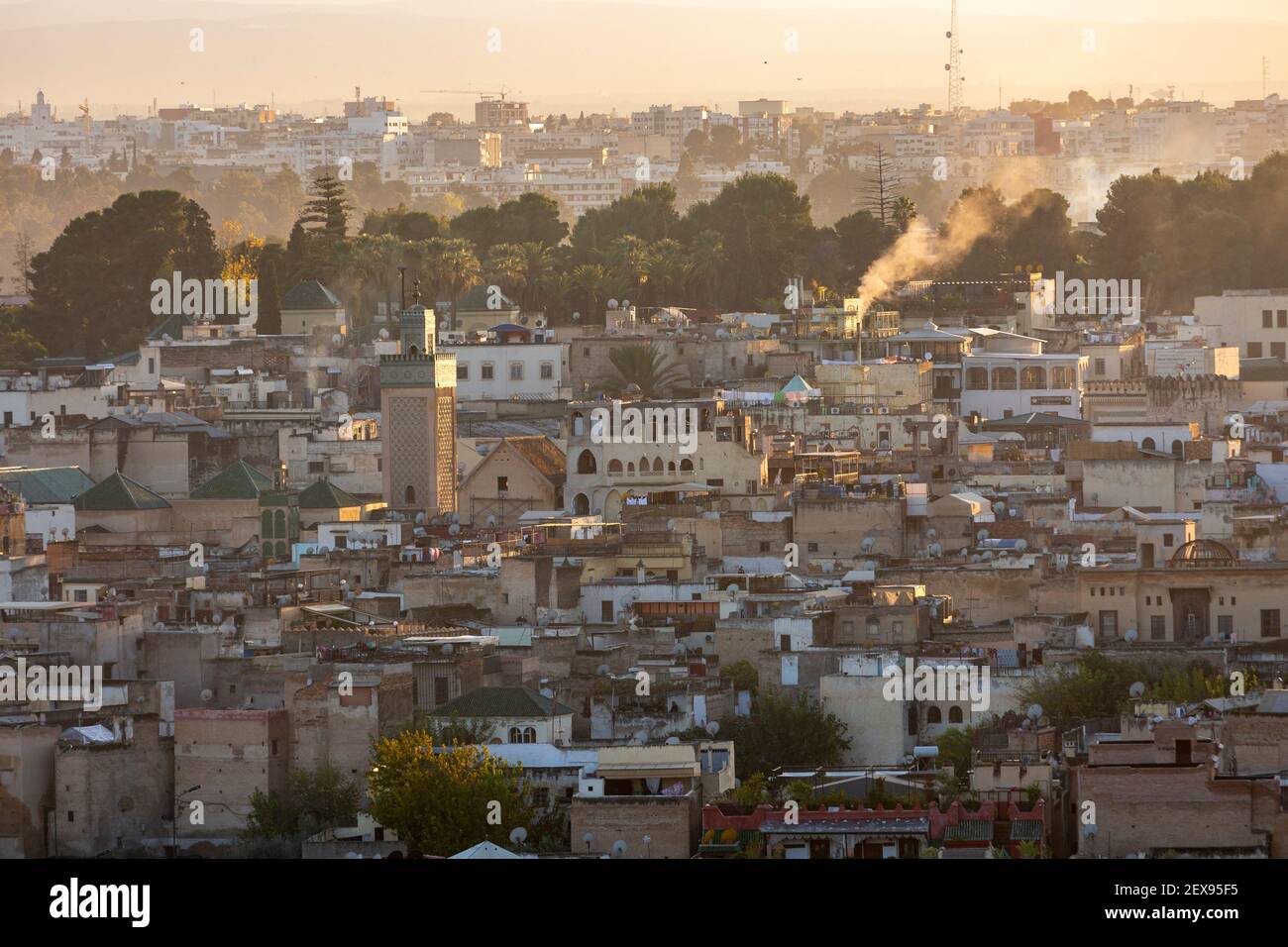 Vista della città della Medina Fes al tramonto, vista dalle Tombe Marinide, Fes, Marocco Foto Stock