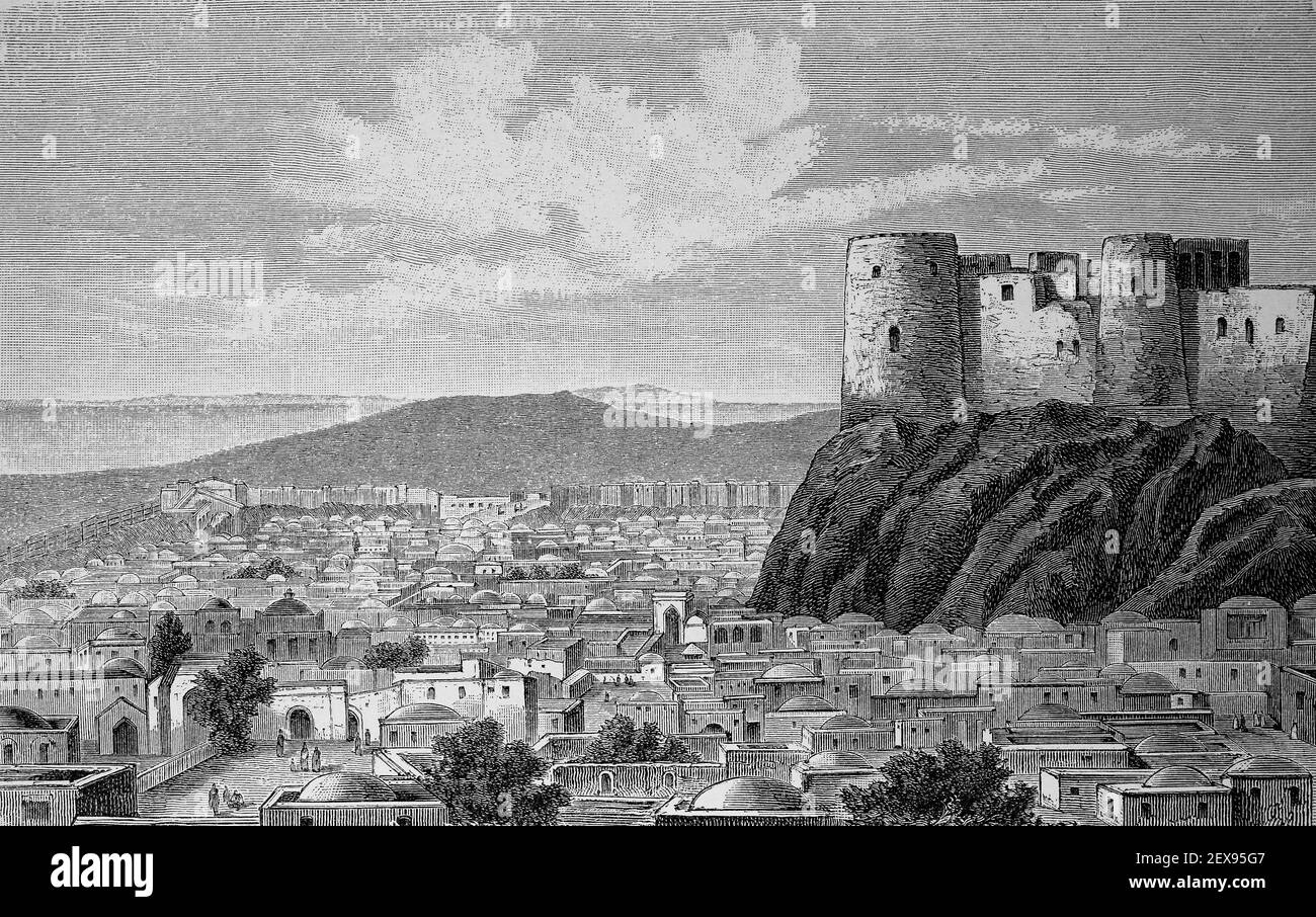 Città e cittadella di Herat, una città nell'Afghanistan occidentale nella valle del Rud di Hari, nel 1880 / Stadt und Zitadelle von Herat, eine Stadt im westlichen Afghanistan im tal des Hari Rud, im Jahre 1880, Historisch, storico, Riproduzione digitale migliorata di un originale del 19 ° secolo / digitale Reproduktion einer Originalvollage aus dem 19. Jahrhundert, Foto Stock