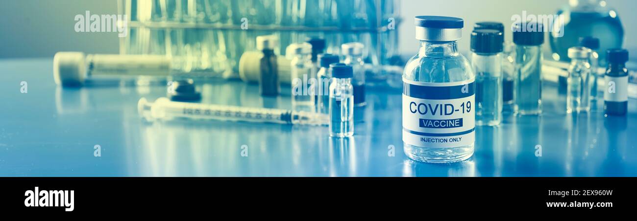una bottiglia vaccinale simulata di covid-19 su un tavolo in laboratorio, accanto ad altre fiale e provette, in un formato panoramico da utilizzare come banner web o lui Foto Stock