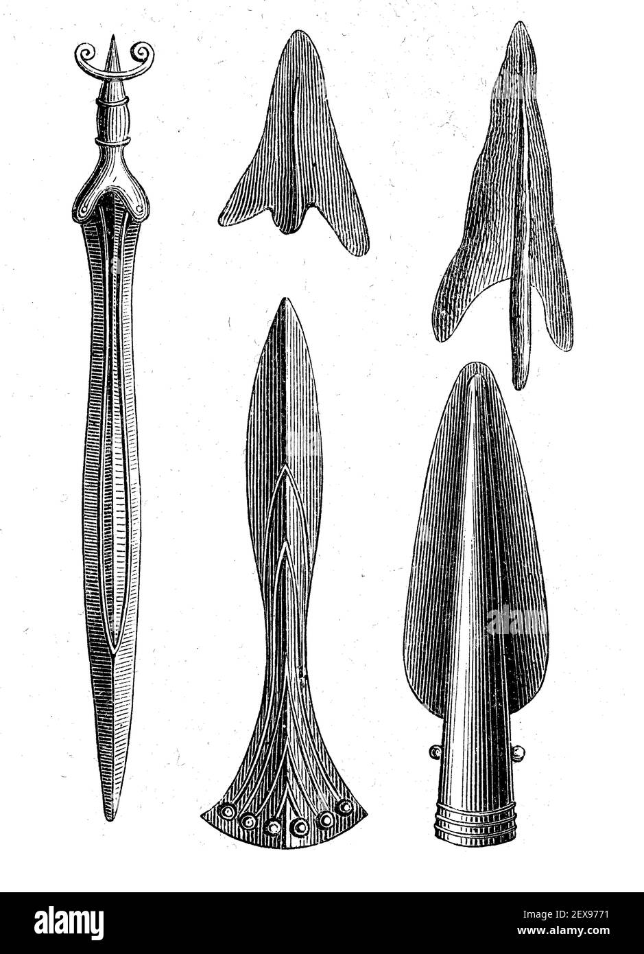 Età del bronzo, armi di bronzo e frecce, trovati in Svizzera, illustrazione dal 1890 / Bronzezeit, Bronzepafen und Pfeilspitzen, gefunden in der Schweiz, Illustrazione aus 1890, Historisch, storico, digitale riproduzione migliorata di un originale del 19 ° secolo / digitale Reproduktion einer Originalvollage aus dem 19. Jahrhundert, Foto Stock