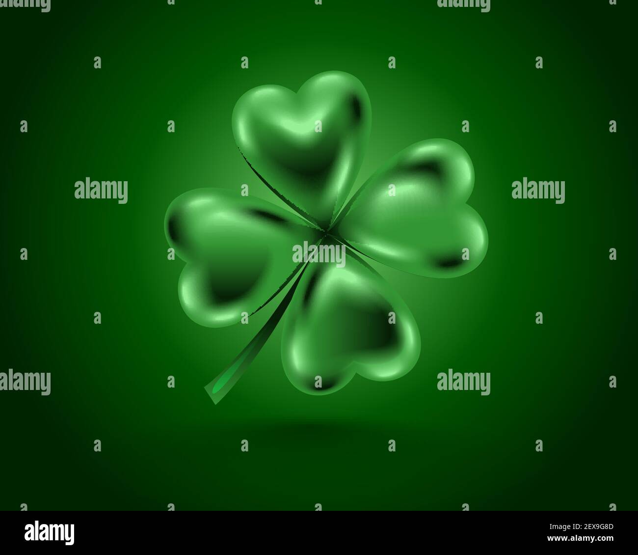 Foglia di trifoglio verde lucido, illustrazione vettoriale per il giorno di San Patrizio. Isolato quattro foglie su sfondo verde. Illustrazione Vettoriale