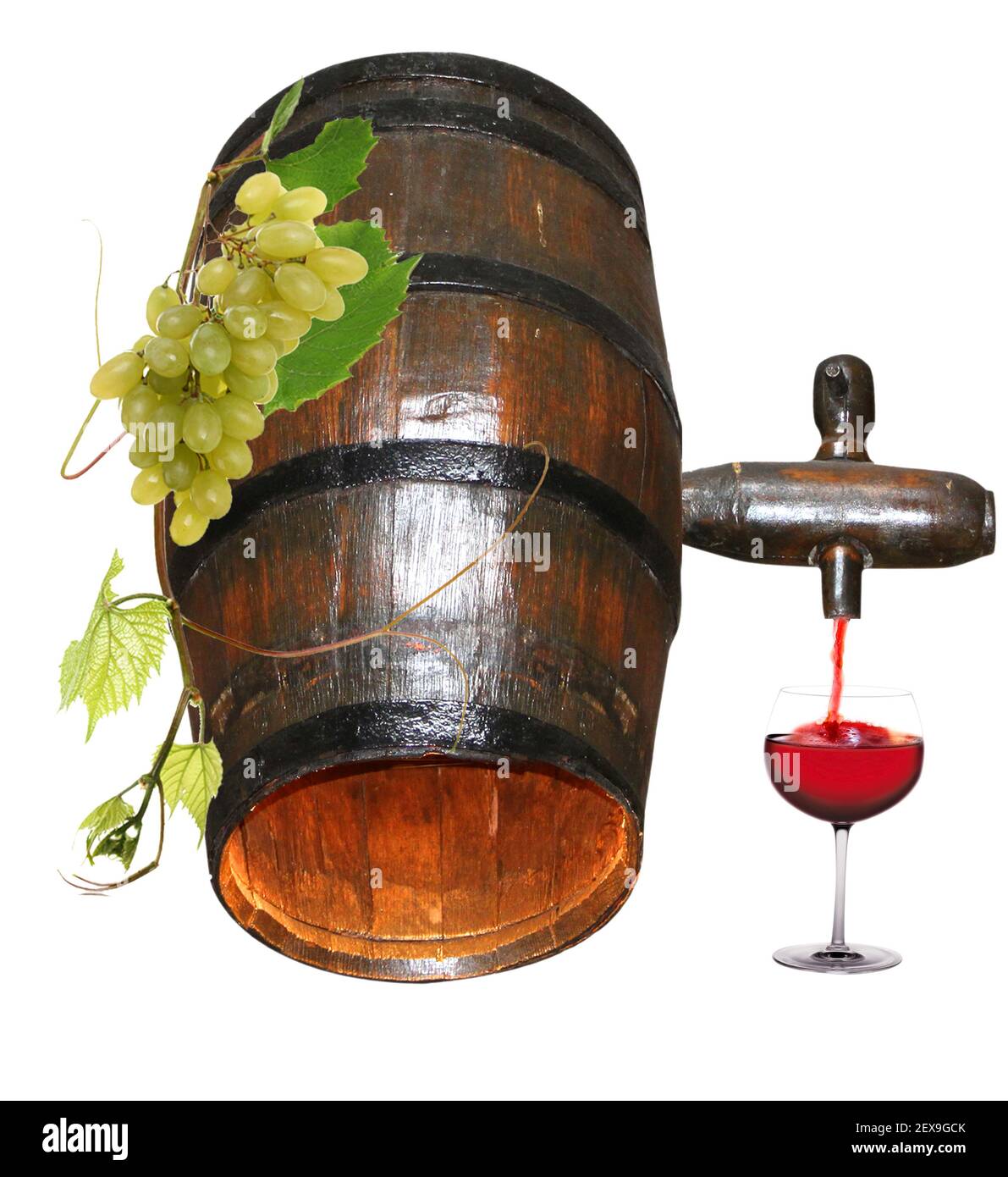 Botte e bicchiere di vino rosso Foto Stock