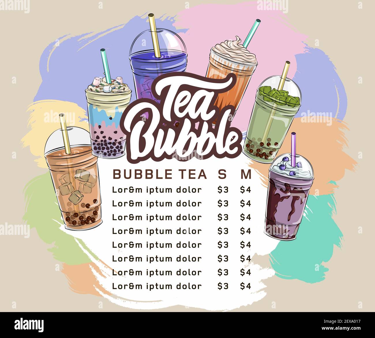 Menu del tè delle bolle, tè alla perla della tapioca vietnamita, tè con gelatina di frutta frullato, bevanda, versamento, succo di boba e molto altro. Illustrazione Vettoriale