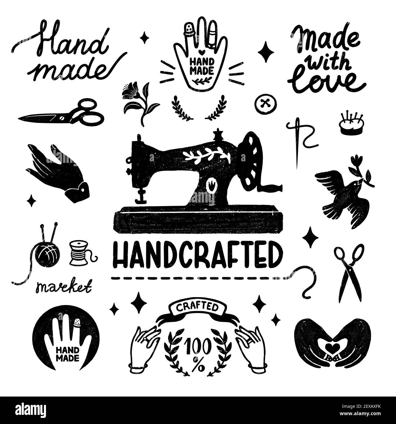 Set di icone vettoriali fatte a mano - elementi vintage in stile francobollo, macchina da cucire e lettere fatte a mano. Illustrazione vettoriale vintage per Illustrazione Vettoriale