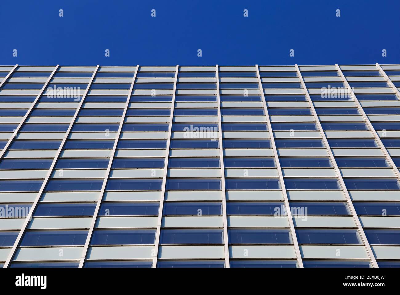 Vista ad angolo basso sulla facciata del grattacielo con disegno geometrico simmetrico linee contro il cielo blu scuro Foto Stock
