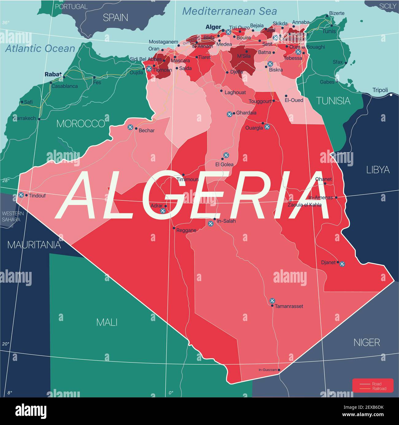 Paese Algeria Mappa dettagliata modificabile con regioni città e città, strade e ferrovie, siti geografici. File vettoriale EPS-10 Illustrazione Vettoriale