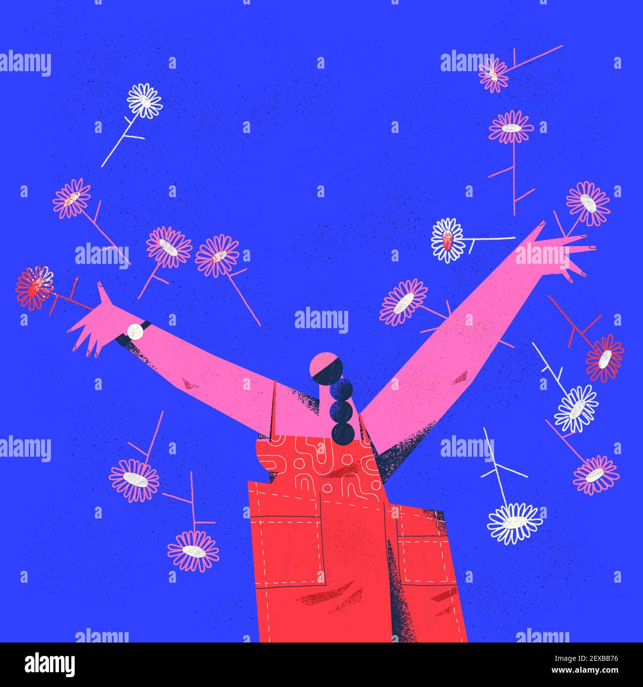 Arriva una giovane donna che lancia e spara un mazzo di fiori nell'aria celebrando la primavera. Illustrazione del concetto di pubblicità e banner digitale. Foto Stock