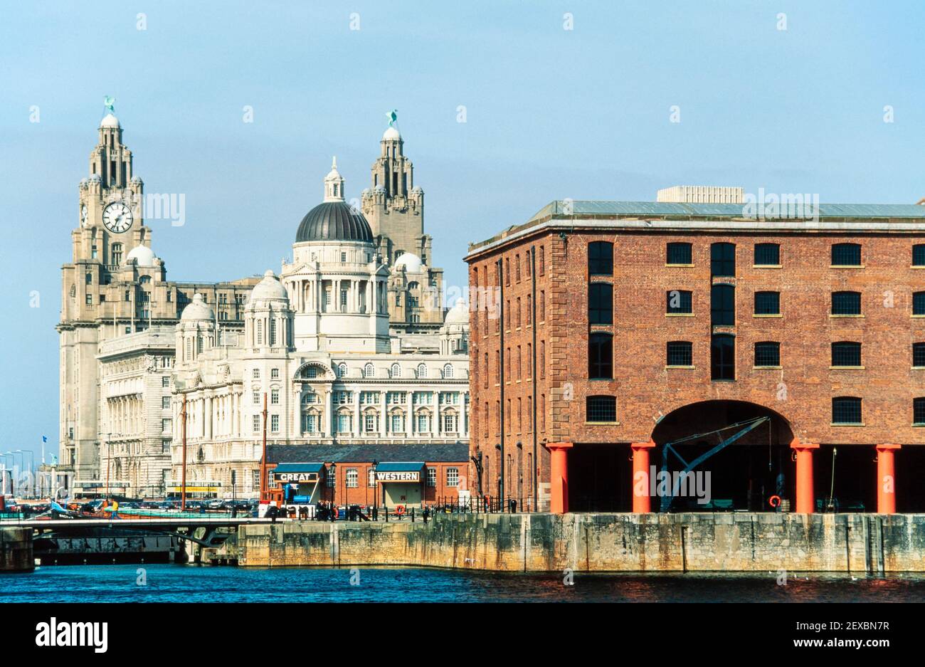 1999 - Liverpool Liver Building da Albert Dock Liverpool Merseyside England GB UK Europe. Il Royal Albert Dock[1] è un complesso di edifici portuali e magazzini a Liverpool, in Inghilterra. Progettato da Jesse Hartley e Philip Hardwick, è stato aperto nel 1846, ed è stata la prima struttura in Gran Bretagna ad essere costruita in ghisa, mattoni e pietra, senza legno strutturale. Di conseguenza, è stato il primo sistema di magazzino non combustibile al mondo. Fu l'Albert Dock fino al 2018, quando gli fu concessa una carta regale e gli fu aggiunto il nome "Royal". RIBA North è mancante, costruito nel 2017. Foto Stock