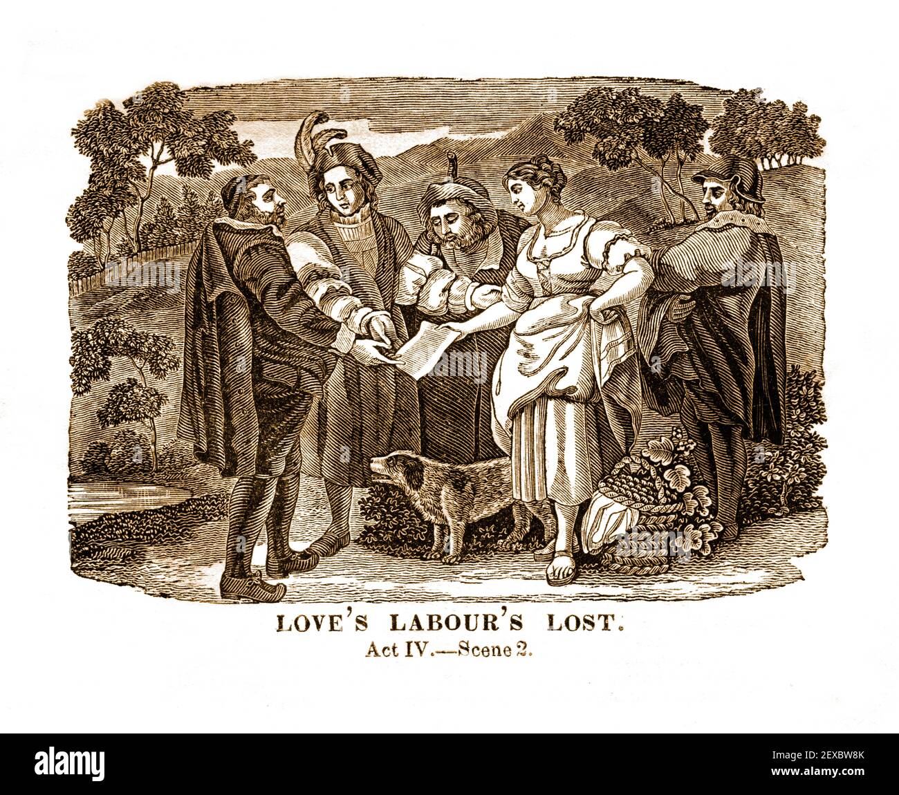 Un'incisione del 1834 raffigurante una scena (atto IV scena 2) dal gioco di William Shakespeare, 'Love's Labor's Lost', colorata digitalmente. Foto Stock