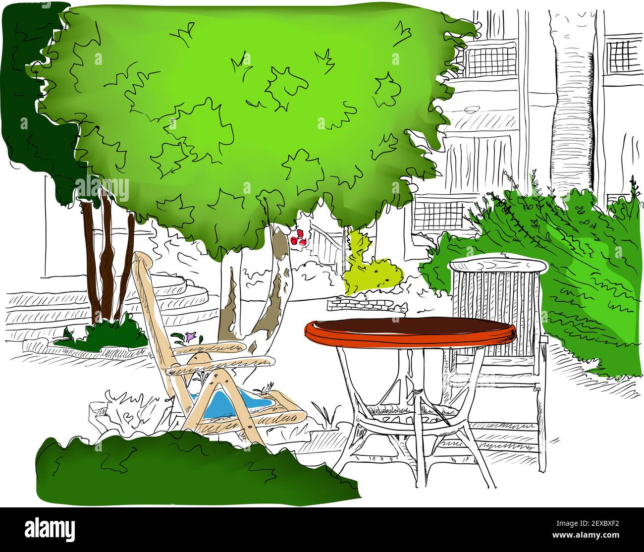 Cafe in giardino. Parzialmente colorato versione2 Foto Stock