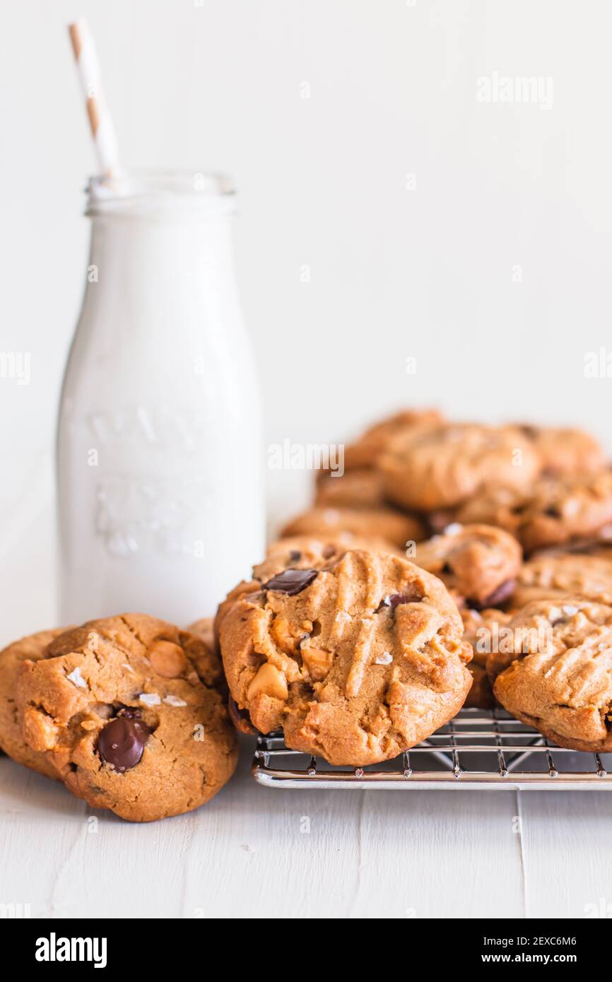 Ancora vita dei biscotti appena sfornati su un rack di raffreddamento vicino a una bottiglia di latte vecchio stile con una cannuccia in esso. Foto Stock