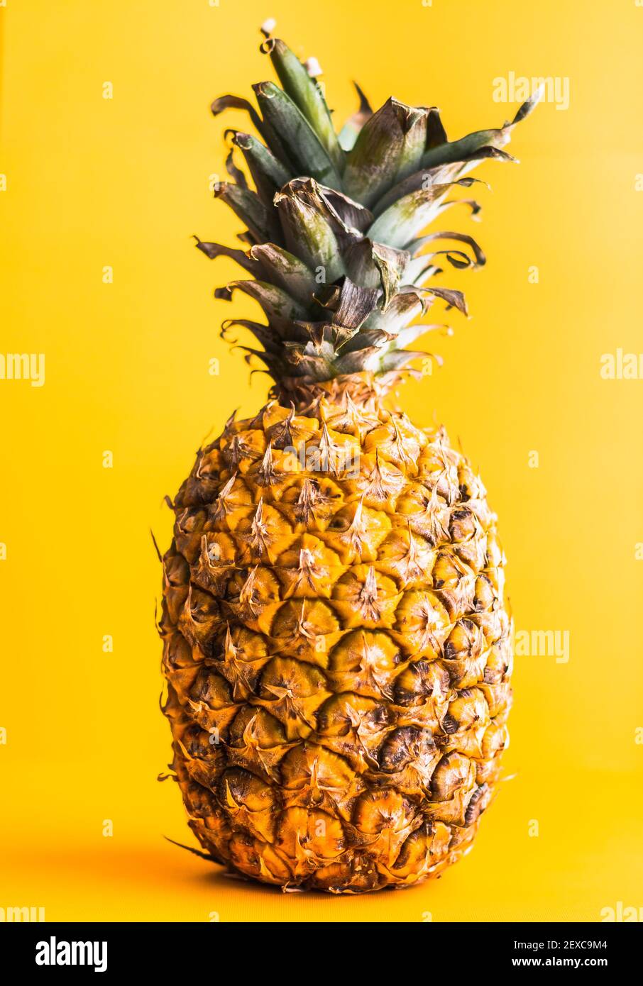 Ananas su una superficie di colore giallo vivo in una composizione ispirata al design e all'arte grafica. Foto Stock