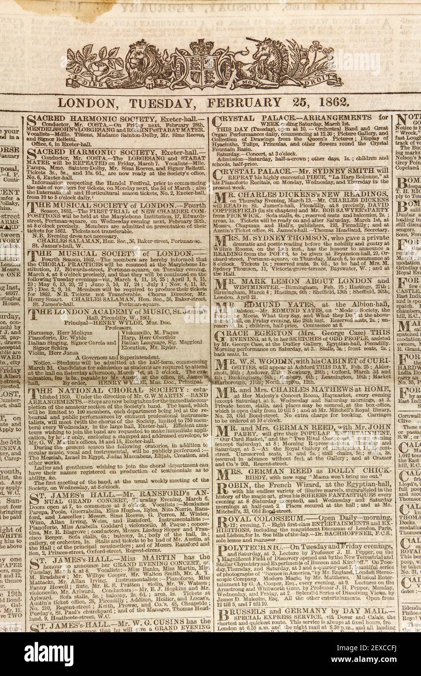 Prima pagina dedicata agli eventi di intrattenimento in una copia originale del giornale Times, martedì 25 febbraio 1862. Foto Stock