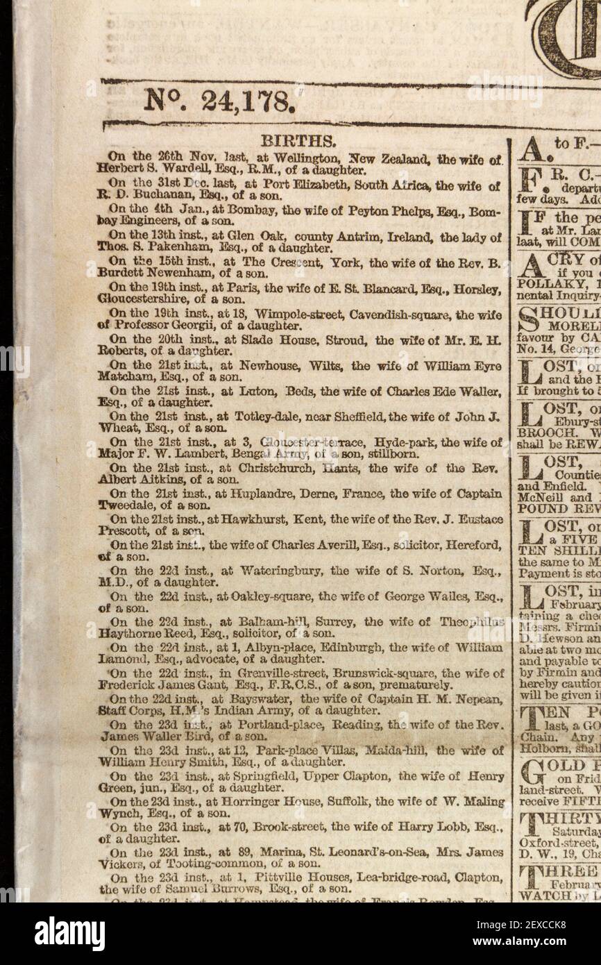 Annunci di nascita sulla prima pagina di una copia originale del giornale Times, martedì 25 febbraio 1862. Foto Stock