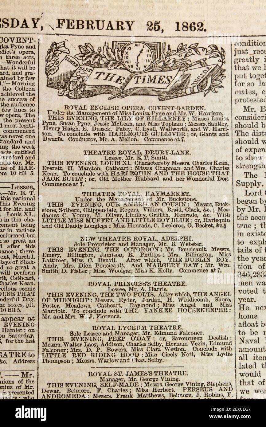 Elenco di teatri e opere per il West End di Londra in una copia originale del giornale Times, martedì 25 febbraio 1862. Foto Stock