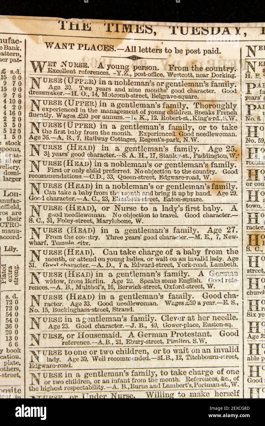 Annunci per infermieri in cerca di lavoro (infermiere capo) in una copia originale del giornale Times, martedì 25 febbraio 1862. Foto Stock