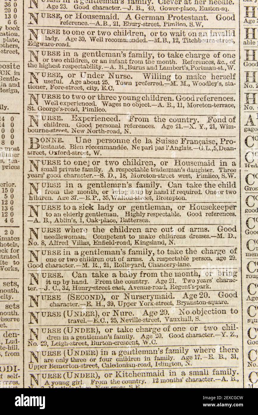 Annunci per infermieri in cerca di lavoro (infermiere capo) in una copia originale del giornale Times, martedì 25 febbraio 1862. Foto Stock