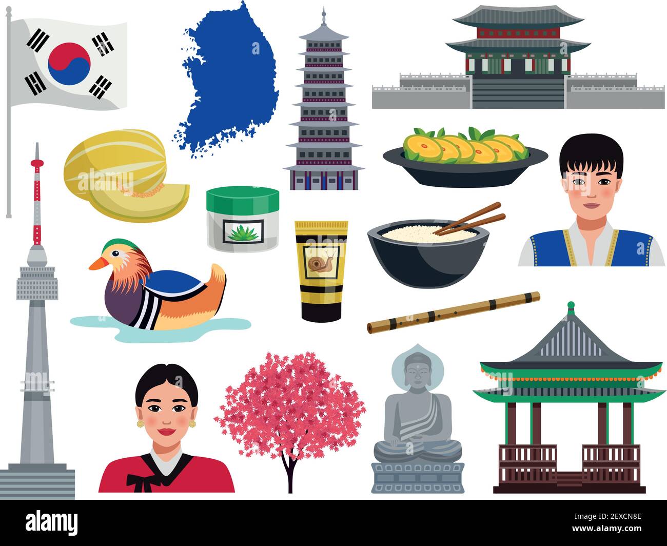 Corea del Sud turismo insieme con icone isolate di nazionale simboli valori culturali cibo e persone illustrazione vettoriale Illustrazione Vettoriale