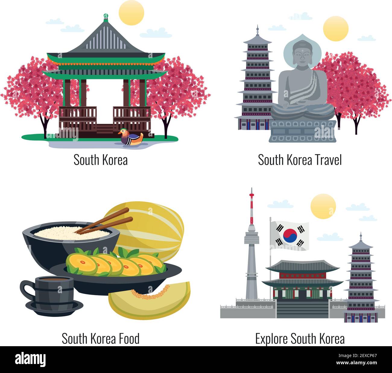 Quattro composizioni turistiche della corea del Sud con didascalie di testo e immagini di edifici alimentari tradizionali e memoriali illustrazione vettoriale Illustrazione Vettoriale