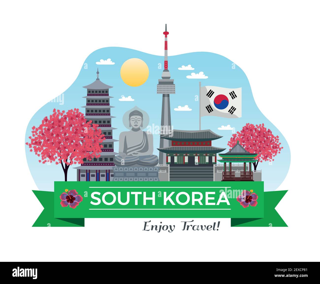 Composizione di sfondo del turismo della corea del Sud con edifici e attrazioni tradizionali con barra multifunzione e illustrazione vettoriale della riga di testo modificabile Illustrazione Vettoriale