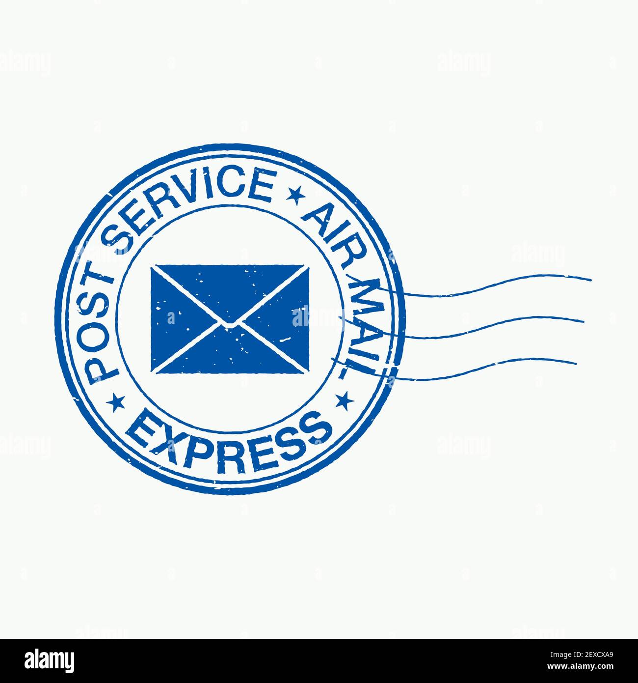 Illustrazione vettoriale timbro postale in difficoltà. Francobollo blu a forma rotonda, con post-servizio, posta aerea e testo espresso. Illustrazione Vettoriale