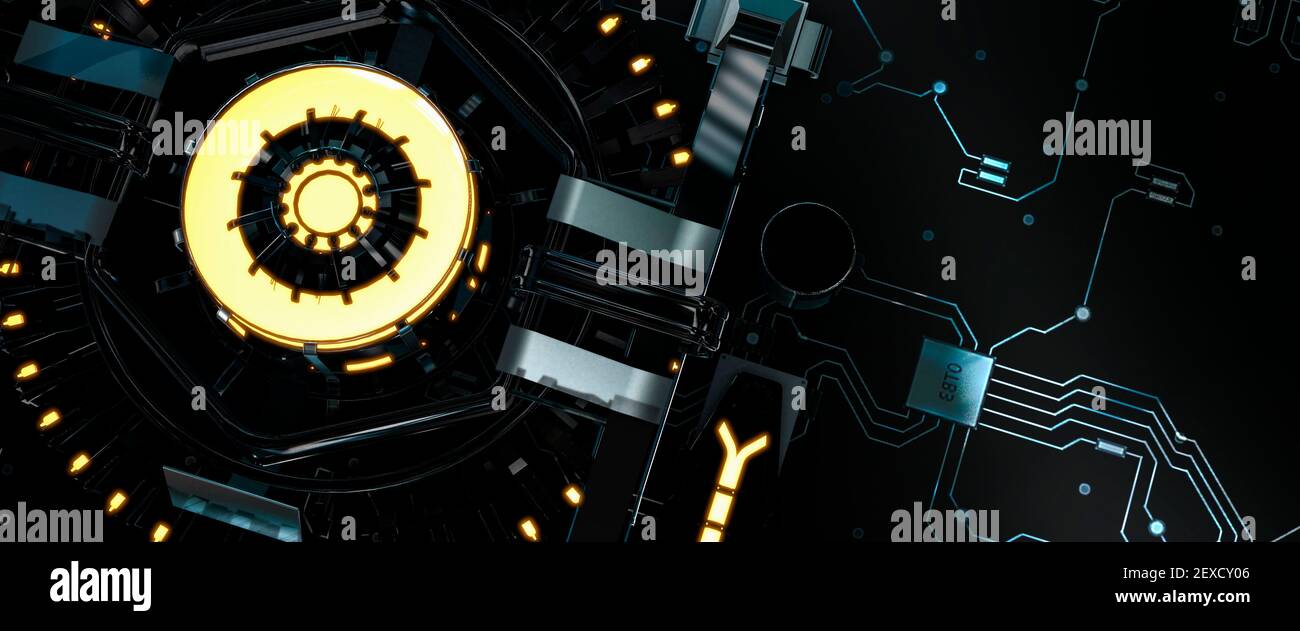 Microchip e processori illuminati su una scheda a circuito stampato futuristica rendering 3d concettuale Foto Stock