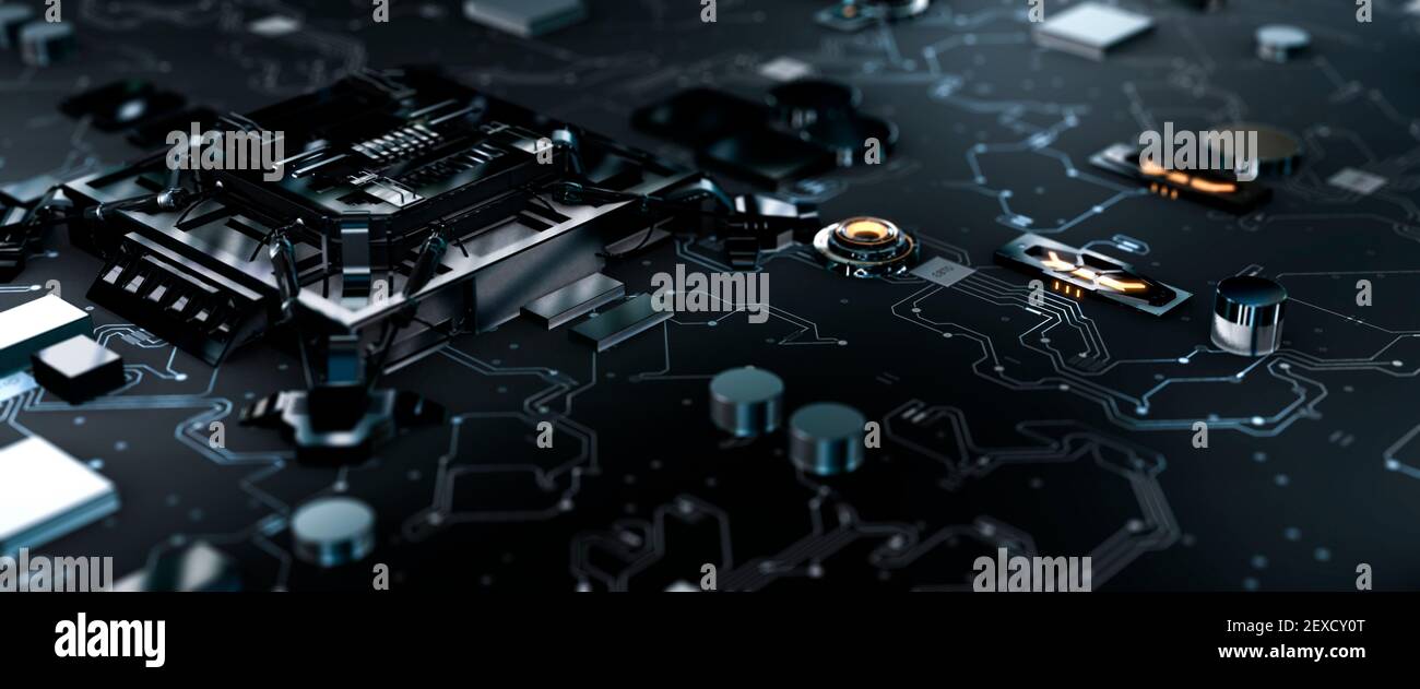 Microchip e processori illuminati su una scheda a circuito stampato futuristica rendering 3d concettuale Foto Stock