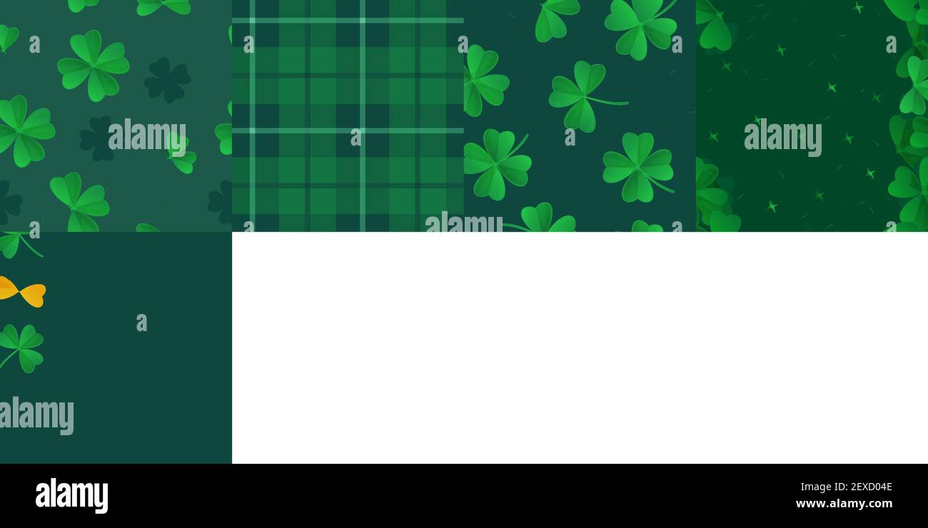 Set di motivi senza giunture per il giorno di San Patrizio. Texture verdi con plaid, linee, oro, trifoglio, shamrock. L'illistrazione vettoriale di stock in stile cartoon realistico Illustrazione Vettoriale