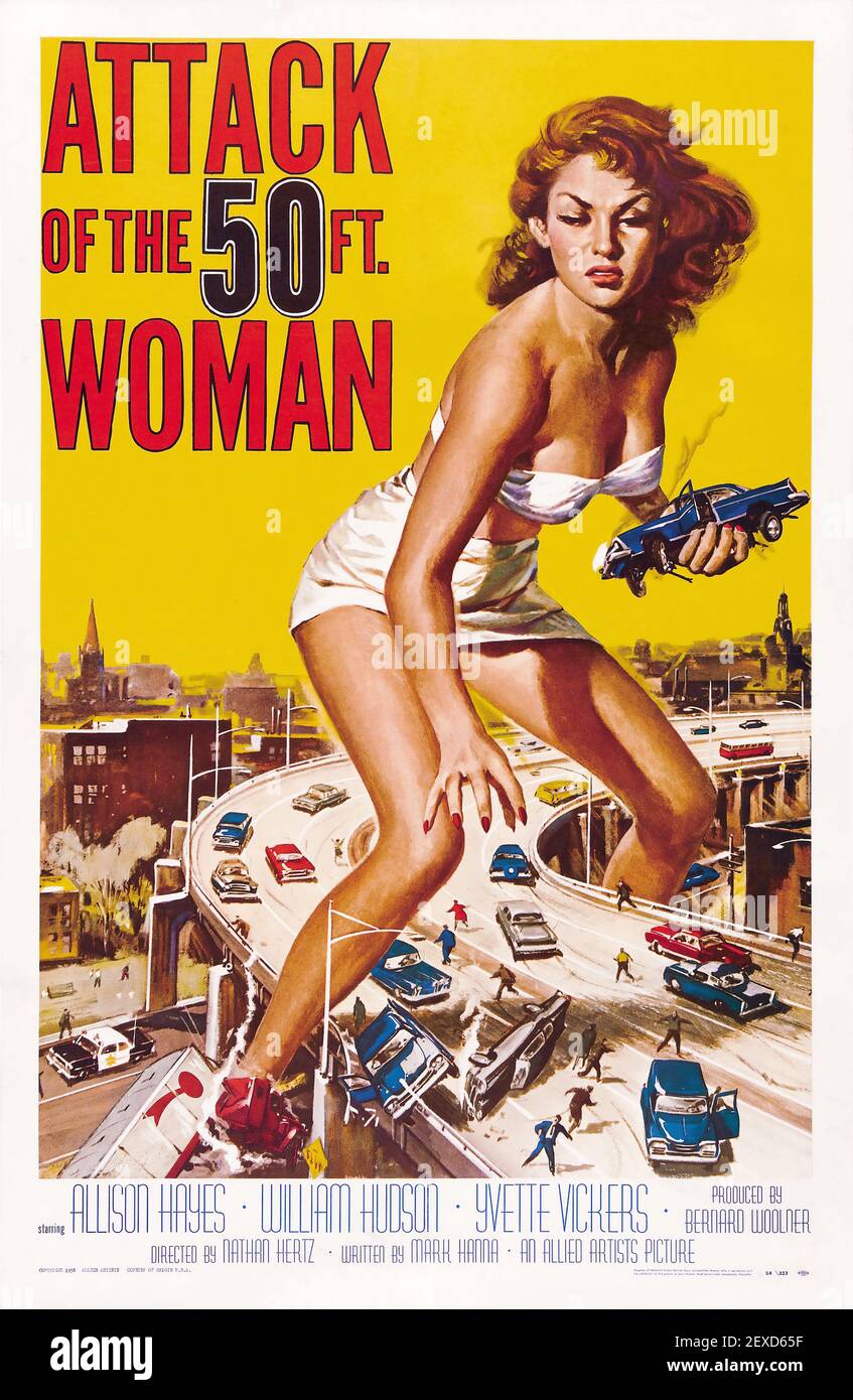Attacco dei 50 piedi Donna. Poster/foto di film horror vecchio e vintage. 1958. Foto Stock