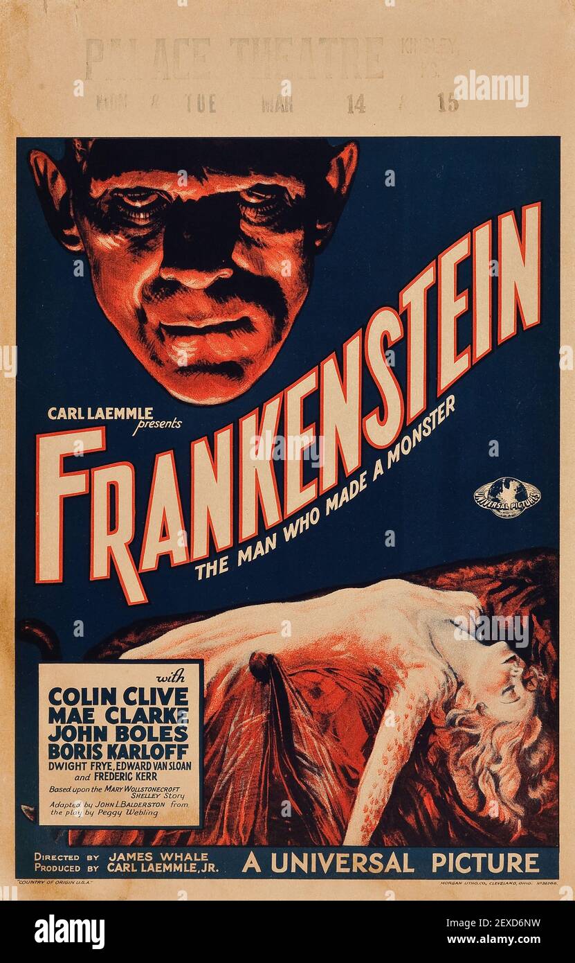 Frankenstein - poster di film d'epoca, 1931, tra cui Boris Karloff - Carl Laemmle Foto Stock