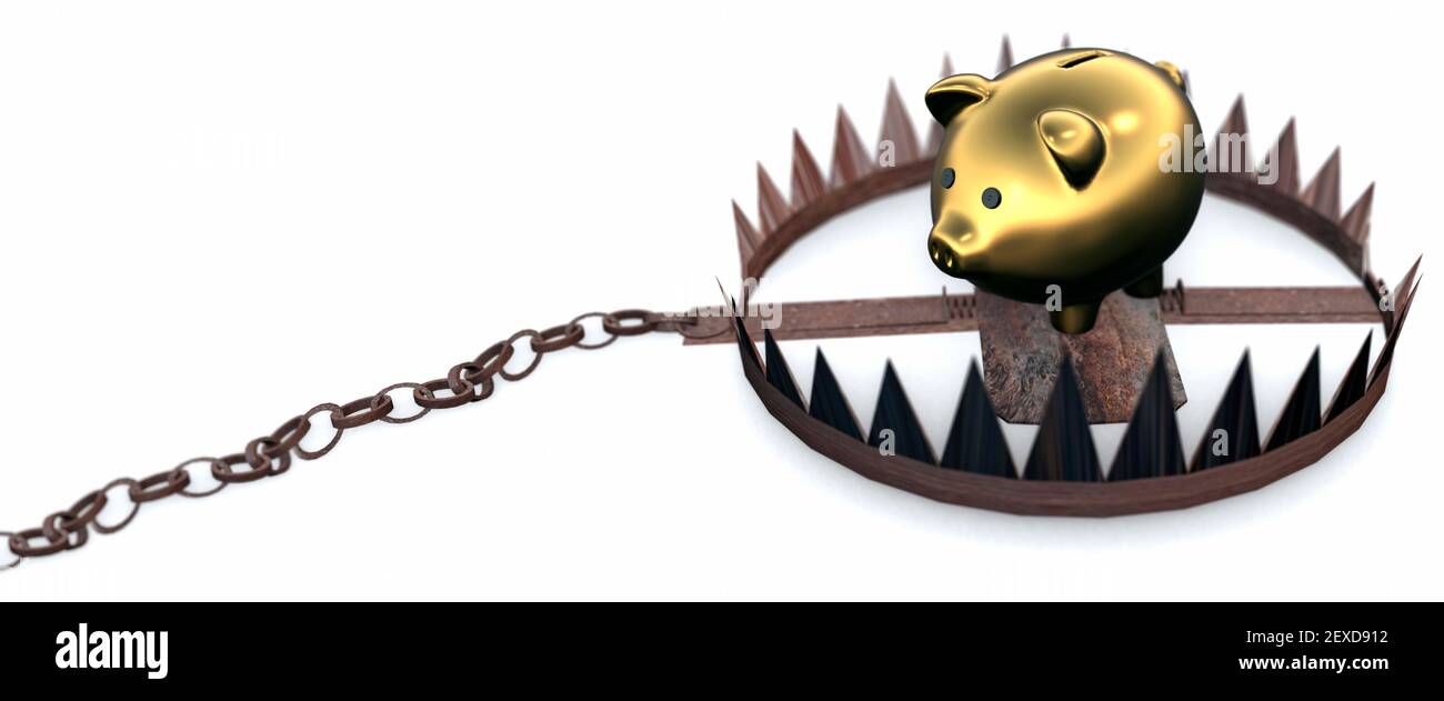 Golden piggy banca circondata da una trappola che delinea il rischio e. sicurezza sul risparmio rendering 3d Foto Stock