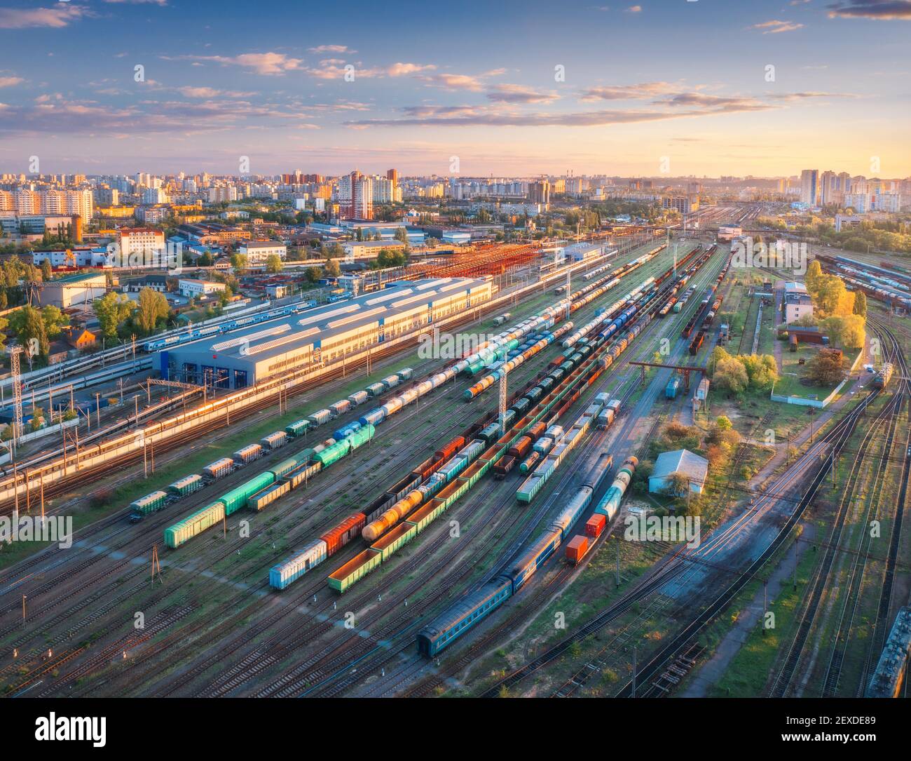Vista aerea dei treni merci. Vista dall'alto dei carri, ferrovia Foto Stock