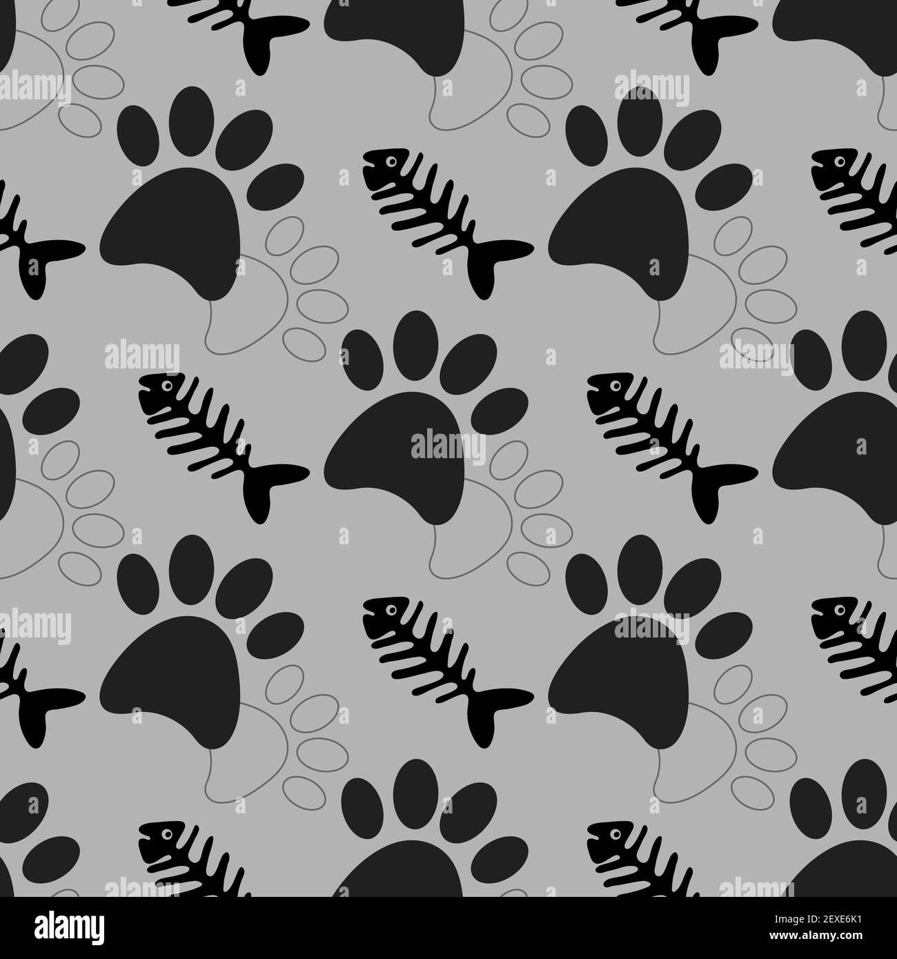 Modello senza cuciture con zampe nere per cani e scheletri di ossa di pesce su sfondo grigio. Illustrazione di un cartone piatto vettoriale. Illustrazione Vettoriale