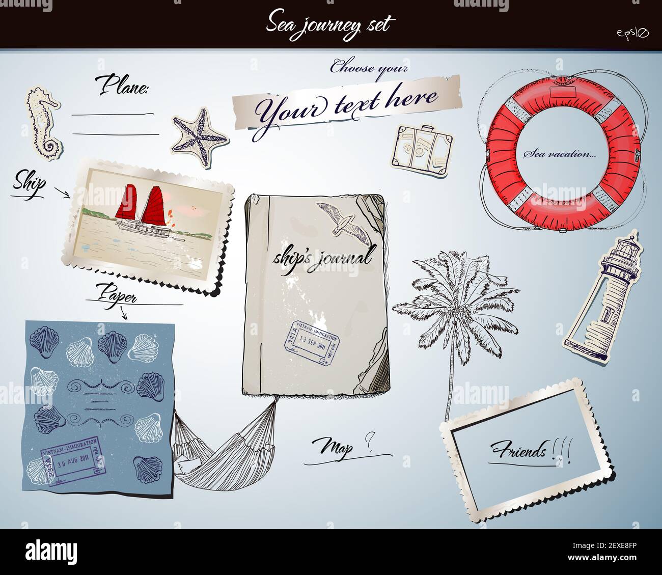 Scrapbookng poster con mare elementi treveling. Foto Stock