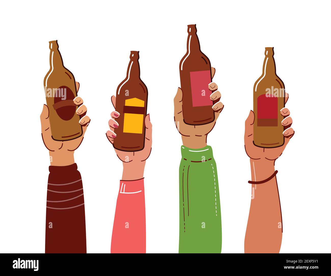 Bottiglie di birra in mano. Illustrazione vettoriale del concetto pub Illustrazione Vettoriale