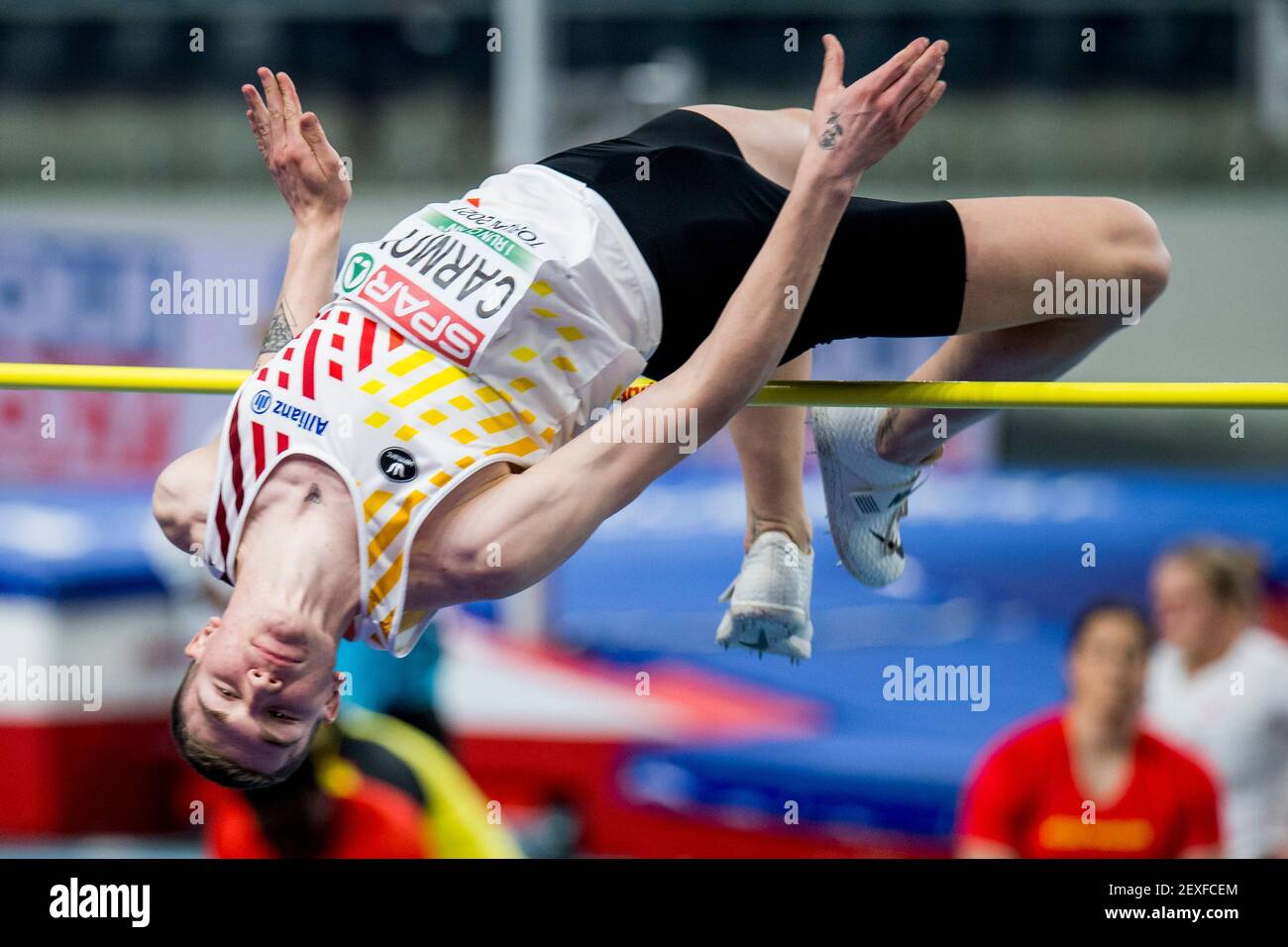 Il belga Thomas Carmoy ha ritratto in azione durante il turno di qualificazione degli uomini hihg jump evento del Campionato europeo di atletica Indoor, in Foto Stock