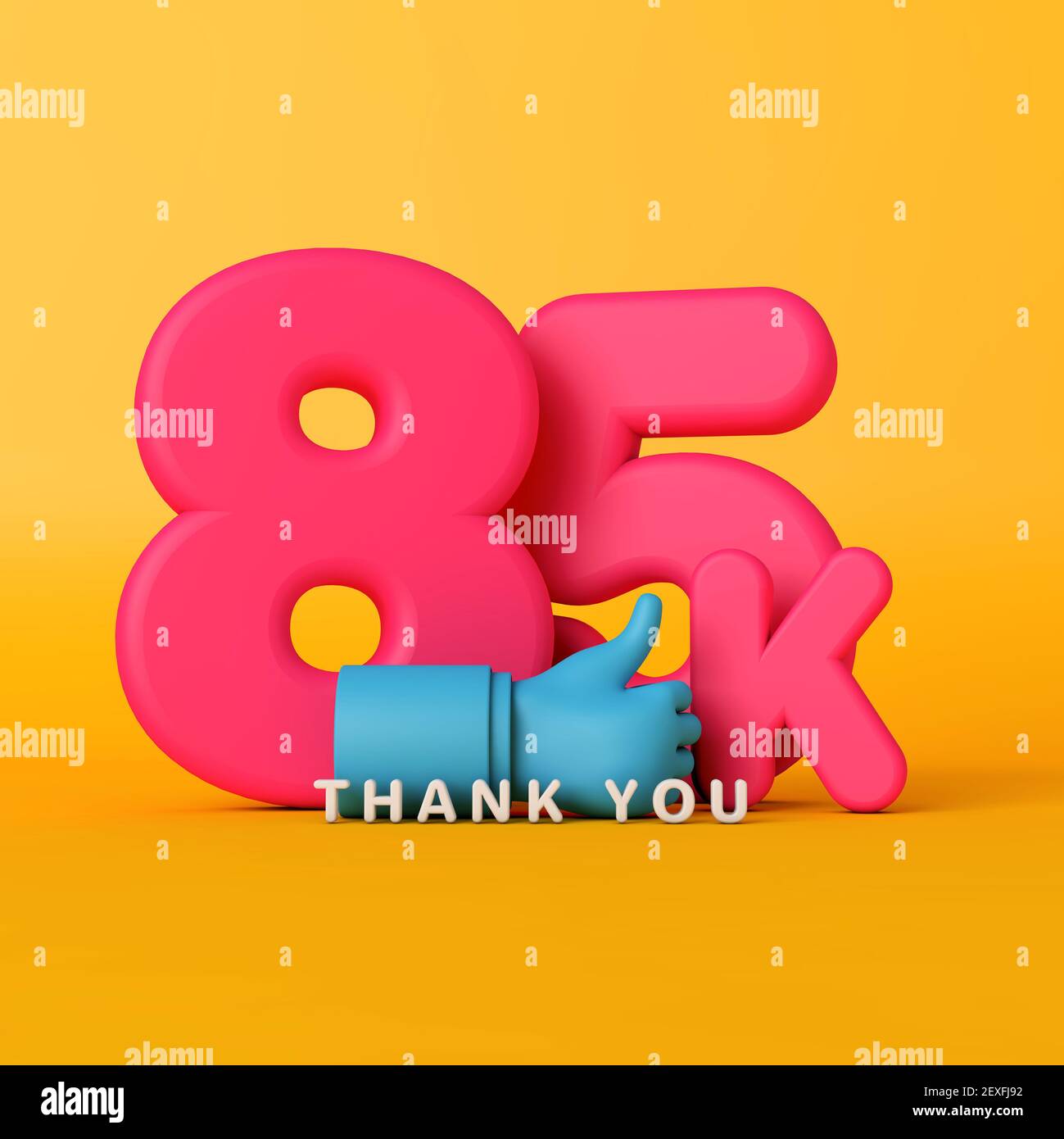 Grazie 85 mila seguaci. Banner sui social media. Rendering 3D Foto Stock