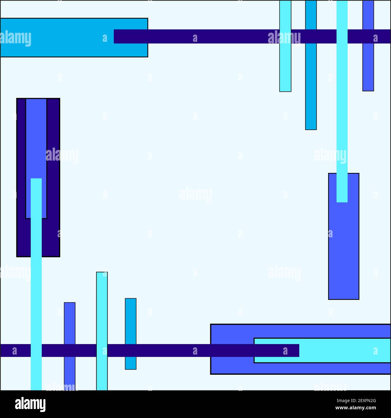 Composizione del telaio di bastoncini blu, strisce e rettangoli. Ripetizione geometrica, bordo piatto. Sfondo vettoriale astratto, modello con spazio di copia. EPS10 Illustrazione Vettoriale