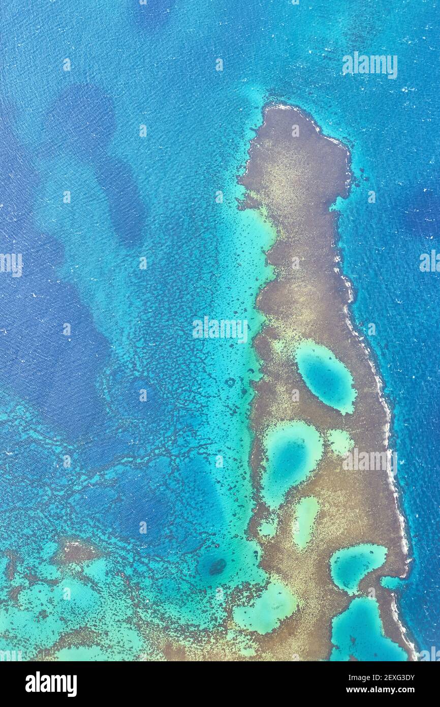 Vista aerea di un bel turchese Coral reef, un popolare night o posto di ormeggio per sub in Mar Rosso nei pressi di El Gouna e Hurghada in Egitto. Foto Stock