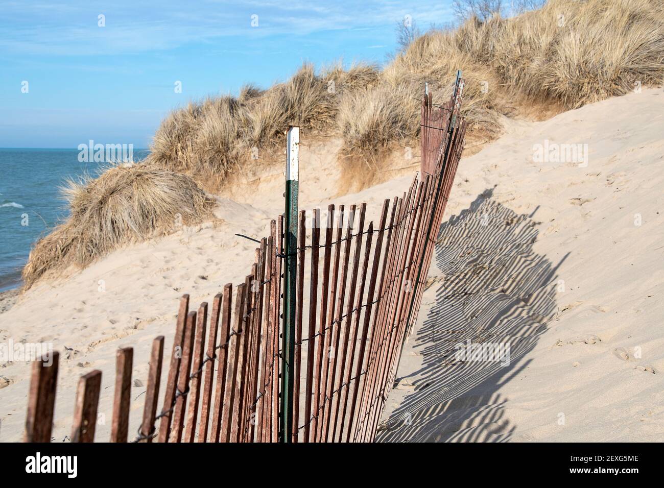 Recinzione sulla spiaggia sulla duna di sabbia del lago Michigan Foto Stock