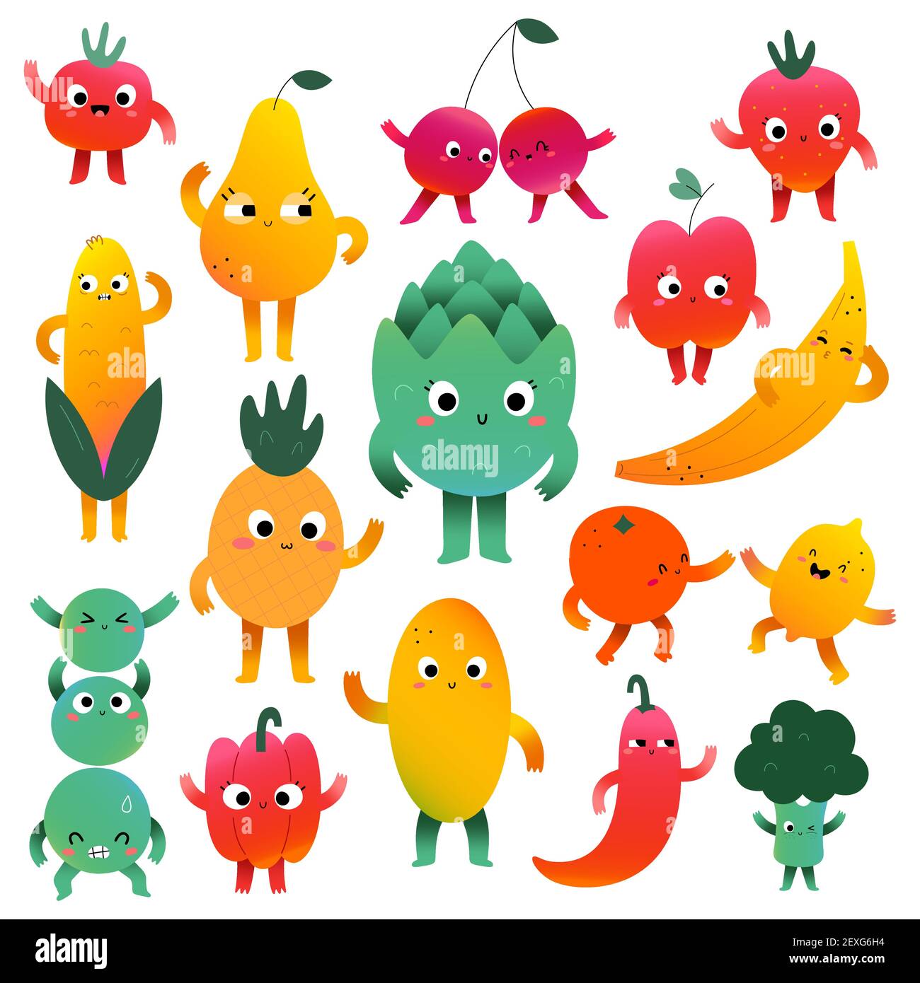 Carino ortaggi e personaggi di frutta con espressioni facciali, mascotte kawaii cartoon, raccolta di felici creature del cibo divertente, illustrazione vettoriale Illustrazione Vettoriale