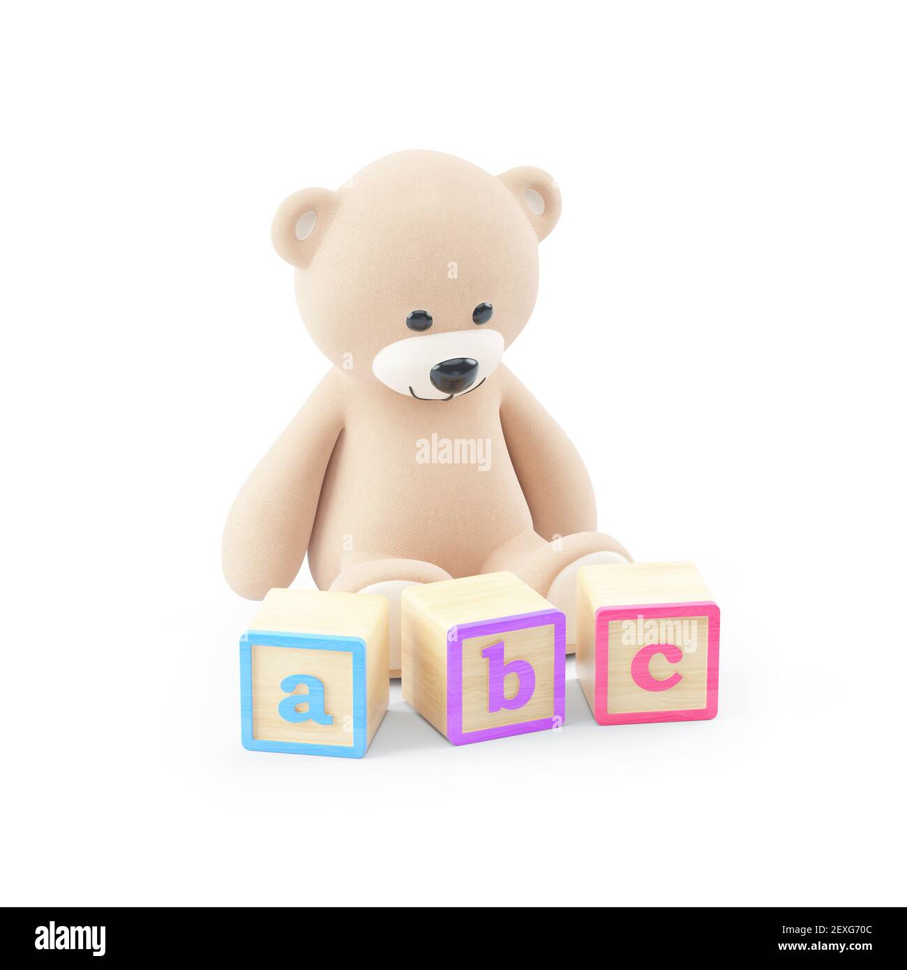 illustrazione 3d di orsacchiotto con blocchi abc, isolato su sfondo bianco Foto Stock