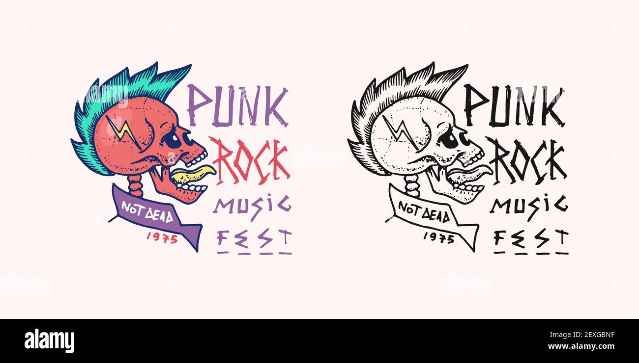 Cranio punk con mohawk e Lightning badge. Logo della musica Rock and Roll. Modello in metallo pesante per t-shirt di design, festa notturna e festival. Disegnato a mano Illustrazione Vettoriale