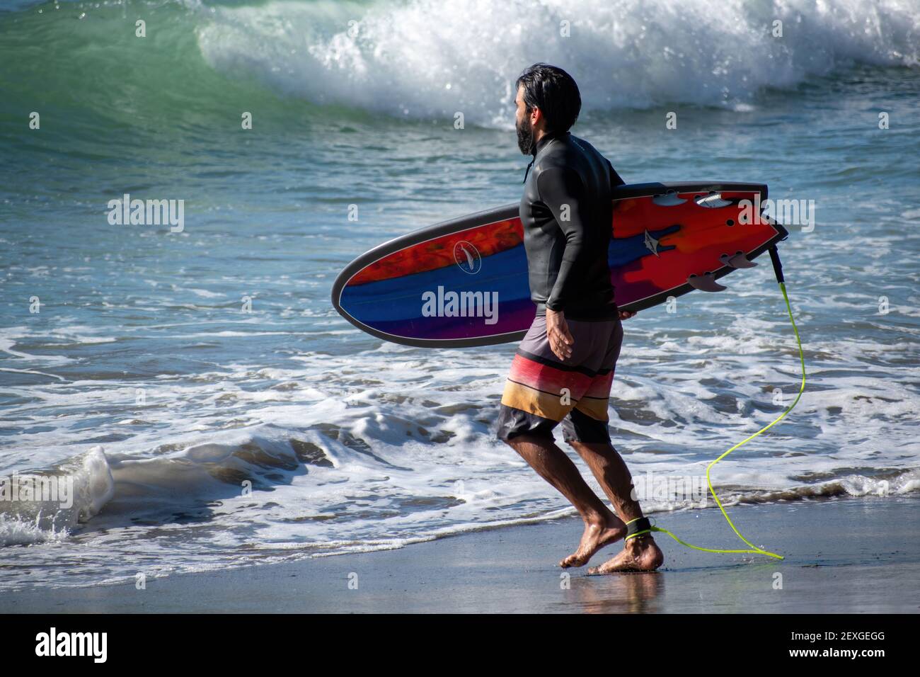 AUCKLAND, NUOVA ZELANDA - 23 febbraio 2021: Vista del surfer con il surf colorato che entra in acqua alla spiaggia di Piha, Auckland, Nuova Zelanda Foto Stock